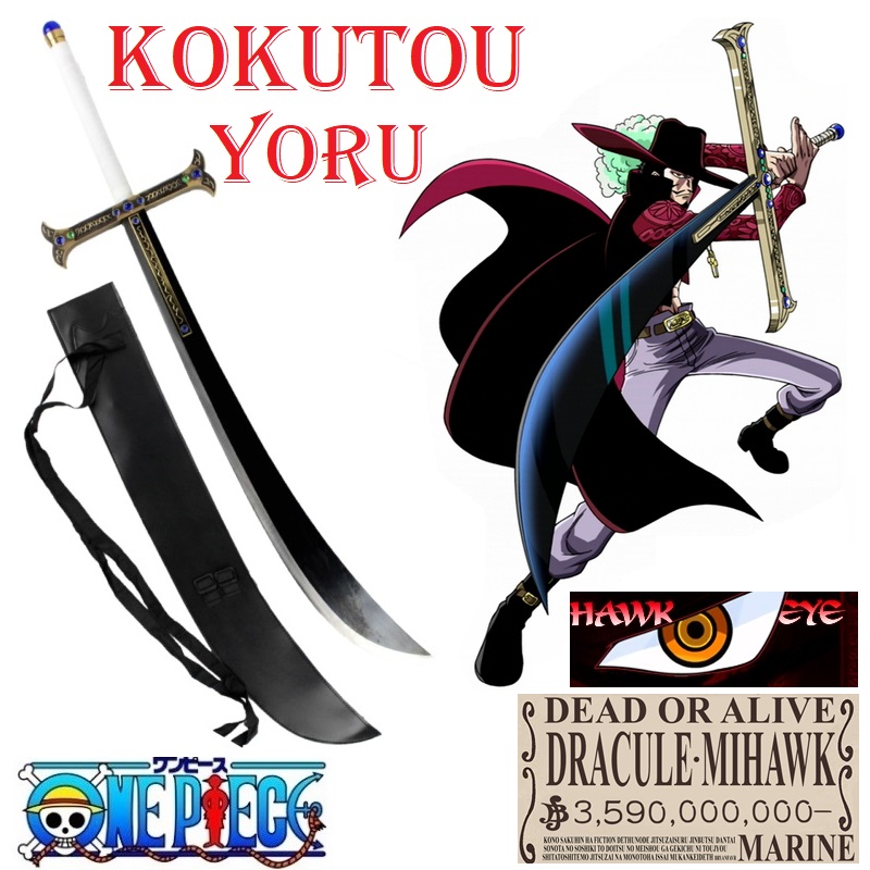 Spada kokutou yoru di drakul mihawk per cosplay - spada fantasy da collezione notte della spada nera di occhi di falco con fodero da schiena della serie anime e manga one piece.