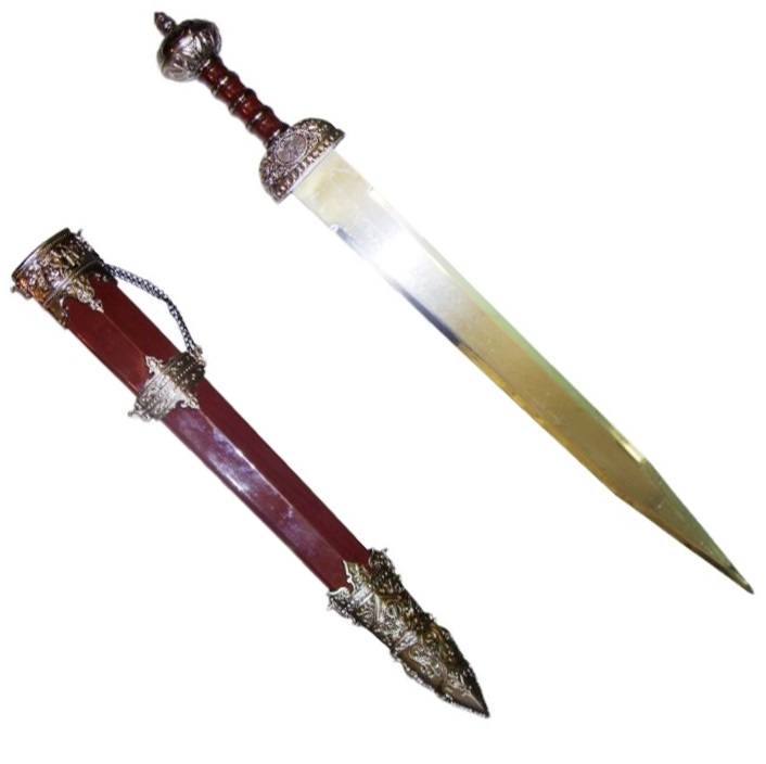 Gladio romano modello m con fodero marrone e lama incisa - corta spada storica da legionario dell'impero romano con espositore da tavolo.