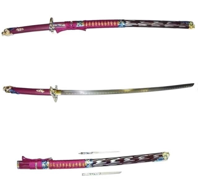 Katana dei 3 draghi colore bordeaux - spada giapponese fantasy da collezione color bord� con tre draghi e due pugnali nel fodero.
