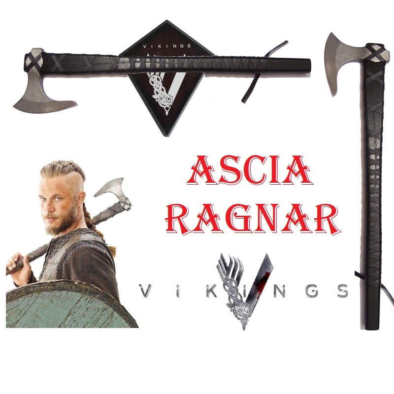 Scure di ragnar lothbrok con espositore da parete per cosplay - ascia storica vichinga da collezione della serie televisiva vikings.