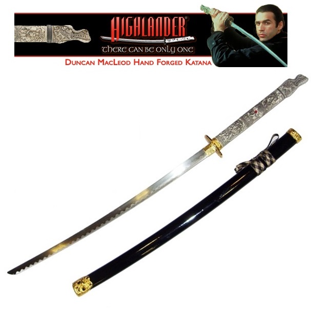 Katana duncan macleod per cosplay - spada giapponese fantasy da collezione con espositore da tavolo della serie tv highlander .