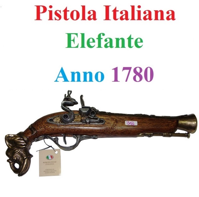 Pistola italiana ad acciarino del 1780 con testa di elefante - replica storica inerte di pistola trombone italiano a pietra focaia con testa di elefante del xviii secolo da collezione - prodotta in italia.