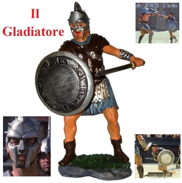 Miniatura del gladiatore in resina - replica da collezione di massimo decimo meridio in tenuta da gladiatore.