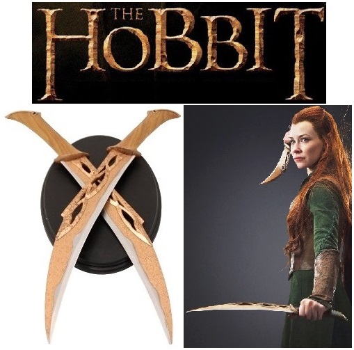 Pugnali di tauriel con espositore da parete per cosplay - coppia di coltelli fantasy da collezione di guerriero elfico del film lo hobbit.