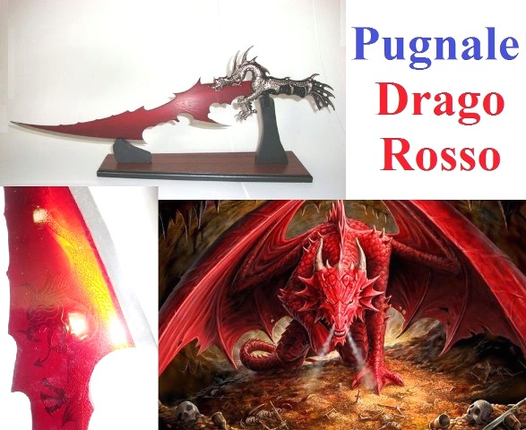 Pugnale del drago rosso  - coltello fantasy da collezione stile drago di fuoco con lama rossa incisa ed espositore da tavolo.