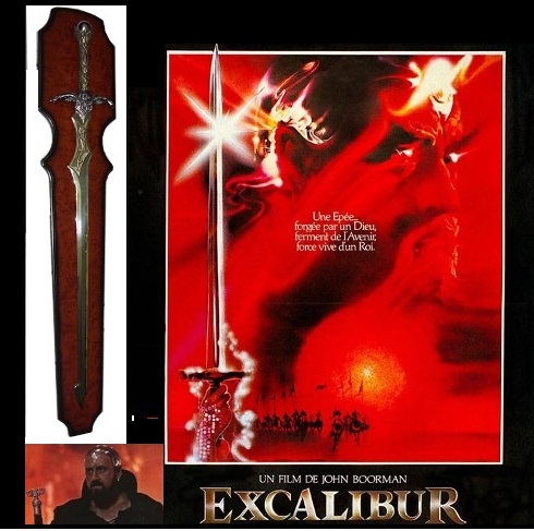 Spada di merlin dorata - spada fantasy di mago merlino dorata - film excalibur - con espositore.