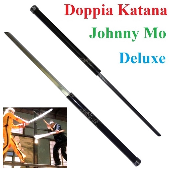 Doppia katana di johnny mo deluxe per cosplay con drago inciso - bastone con doppia spada giapponese da collezione del capo degli 88 folli del film kill bill .