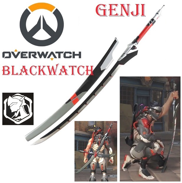 Katana blackwatch di genji per cosplay - spada ninja fantasy argentata da collezione del videogioco overwatch con espositore da tavolo.