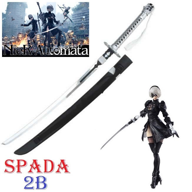 Katana androide yorha 2b per cosplay - spada giapponese argentata fantasy da collezione del videogioco nier: automata con fodero da schiena.