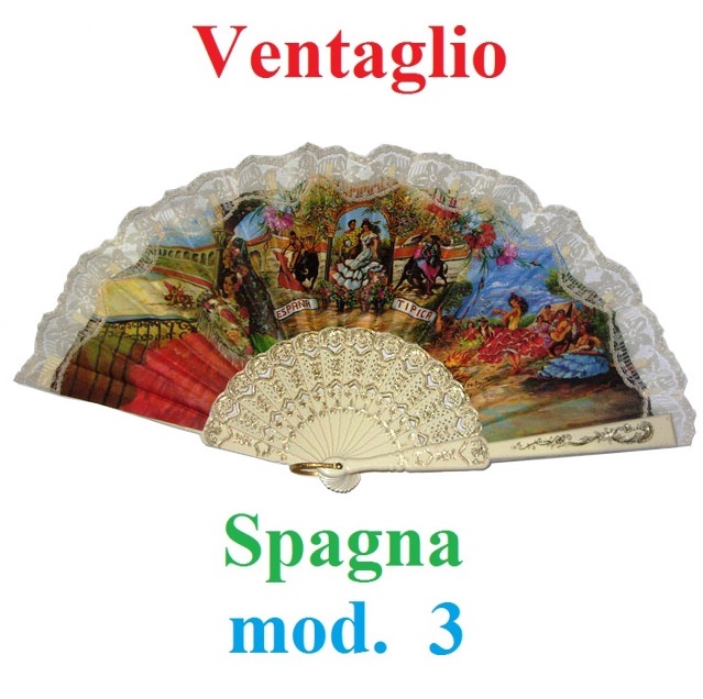 Ventaglio spagna modello 3 - ventaglio in tessuto bianco con pizzi e merletti decorato con disegni di folklore spagnolo.