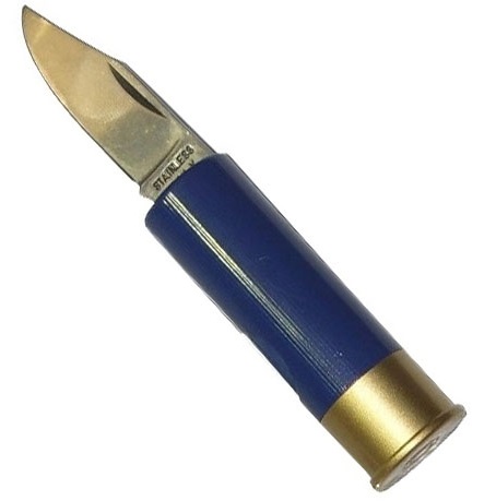 Mini coltello cartuccia da caccia blu - mini coltello serramanico a forma di cartuccia di fucile da collezione di colore blu - replica di cartuccia da caccia con lama mobile marca fox.