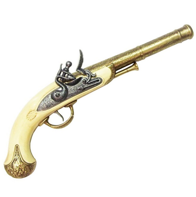 Pistola italiana ad acciarino in avorio secolo xvi - replica storica inerte di pistola italiana a pietra focaia da collezione con incisioni e finto avorio .