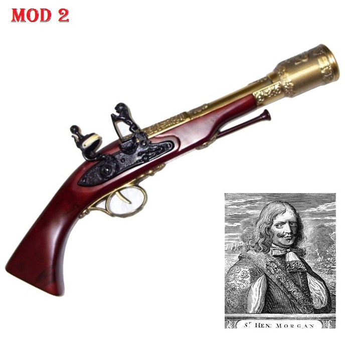 Pistola ad acciarino pirata morgan modello 2 - replica storica inerte di pistola trombone a pietra focaia da collezione del pirata gallese henry john morgan.