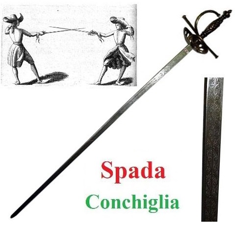 Spada modello conchiglia con lama incisa prodotta in italia - replica di fioretto storico medievale con impugnatura a conchiglia.