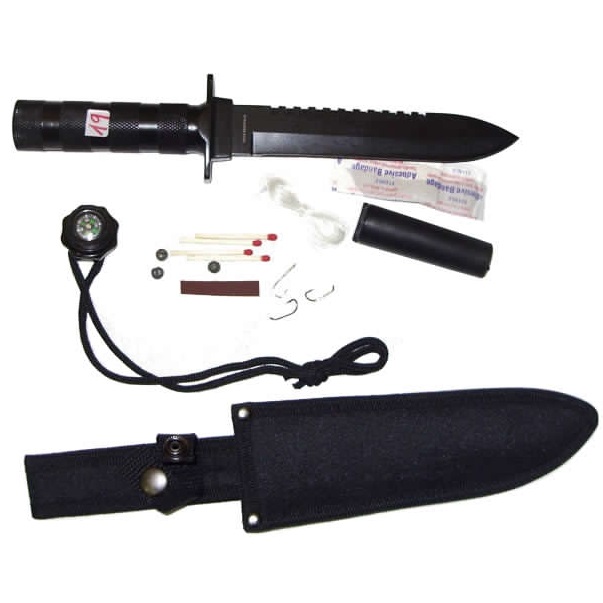 Coltello Sopravvivenza Lama Nera Modello tre - coltello da sopravvivenza con lama nera con fodero e kit survivor nell'impugnatura
