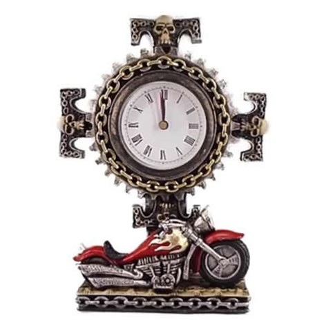 Orologio skull bikers - soprammobile da collezione con orologio decorato da moto e teschi.