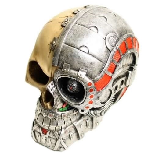 Teschio cyborg - soprammobile da collezione a forma di cranio umano con innesti robotici.