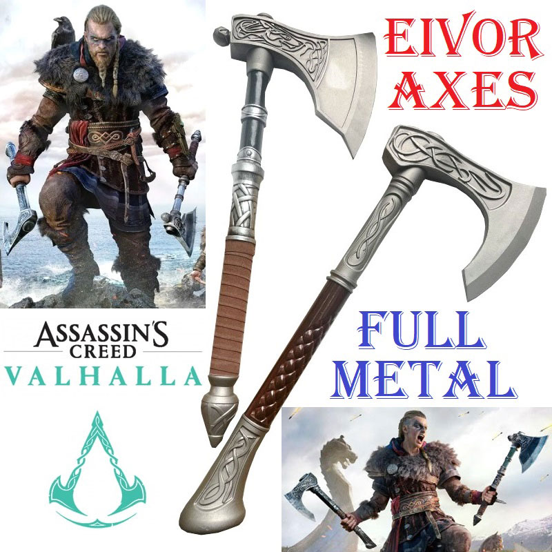 Eivor axes per cosplay - coppia di asce fantasy da collezione del guerriero vichingo morso di lupo del videogame assassin's creed valhalla .