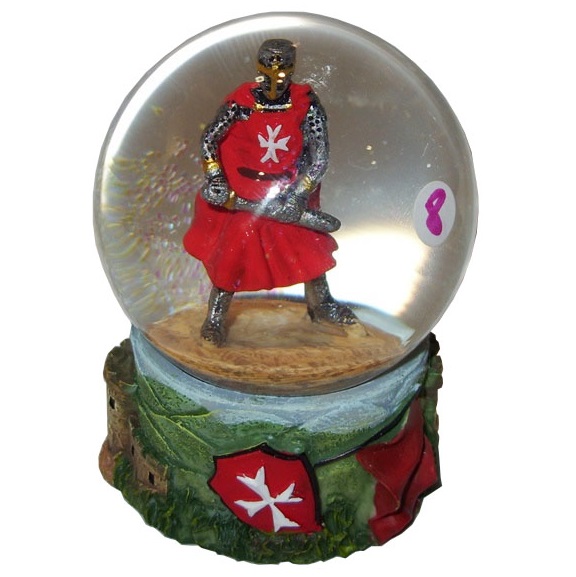 Sfera con cavaliere ospitaliero veste rossa - palla di vetro con miniatura da collezione di cavaliere dell'ordine dell'ospedale di san giovanni di gerusalemme delle crociate.