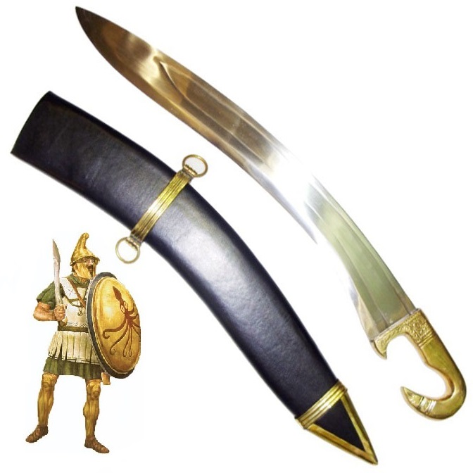 Falcata soldato macedone - spada storica di guerriero greco della macedonia con lama colasangue e fodero.