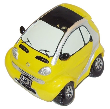 Salvadanaio smart gialla - miniatura salvadanaio da collezione di automobile smart di colore giallo .