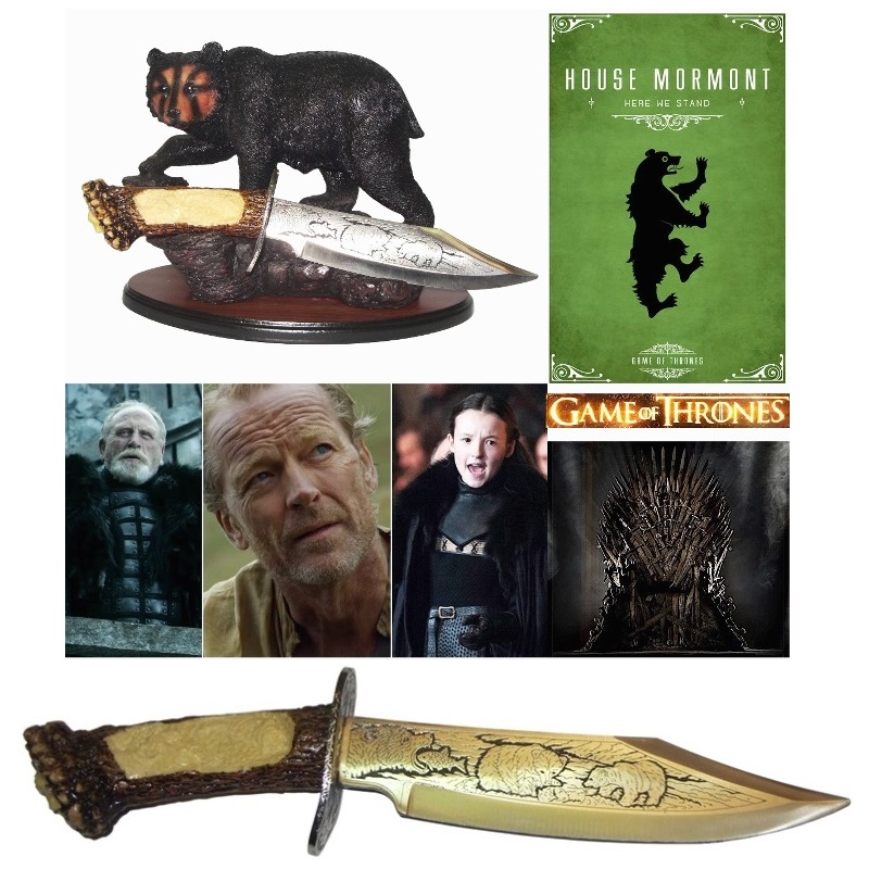 Coltello mormont  - pugnale fantasy da collezione dedicato alla serie televisiva il trono di spade con orsi incisi su lama ed espositore da tavolo a forma di orso nero.
