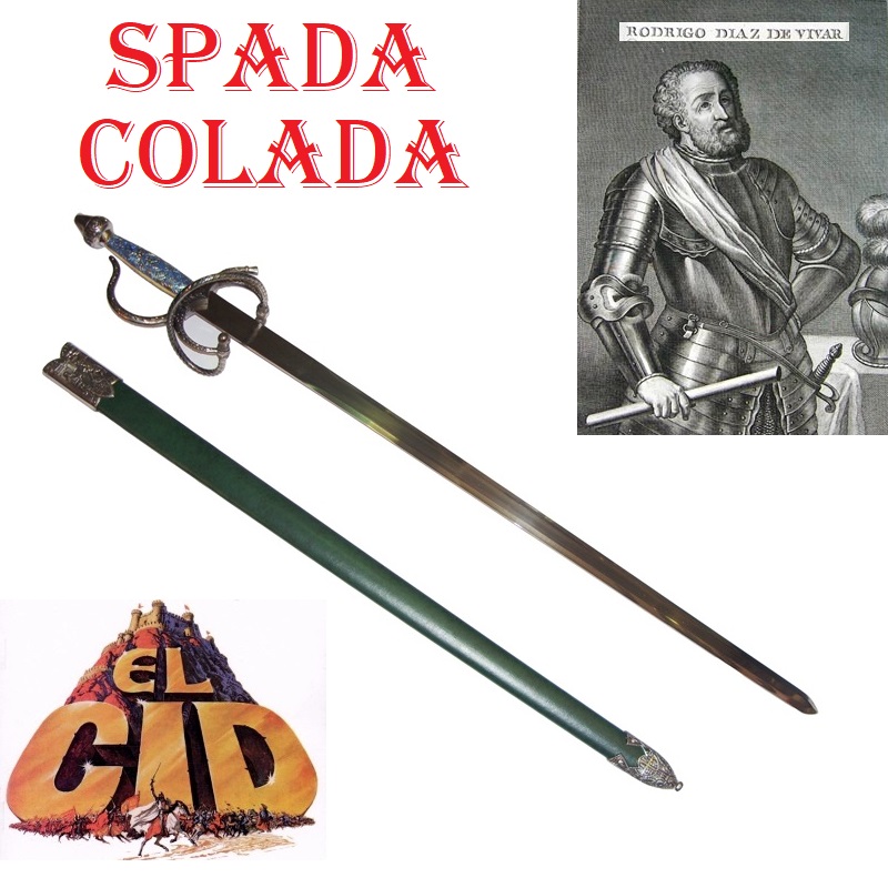Spada colada di el cid deluxe in acciaio di toledo - spada storica medievale con fodero verde in acciaio spagnolo inciso - marca gladius.