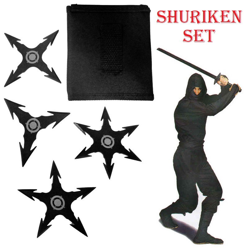 Shuriken set - set di 4 stelle ninja da lancio in acciaio con fodero - quattro coltelli da lancio shaken con punte varie.