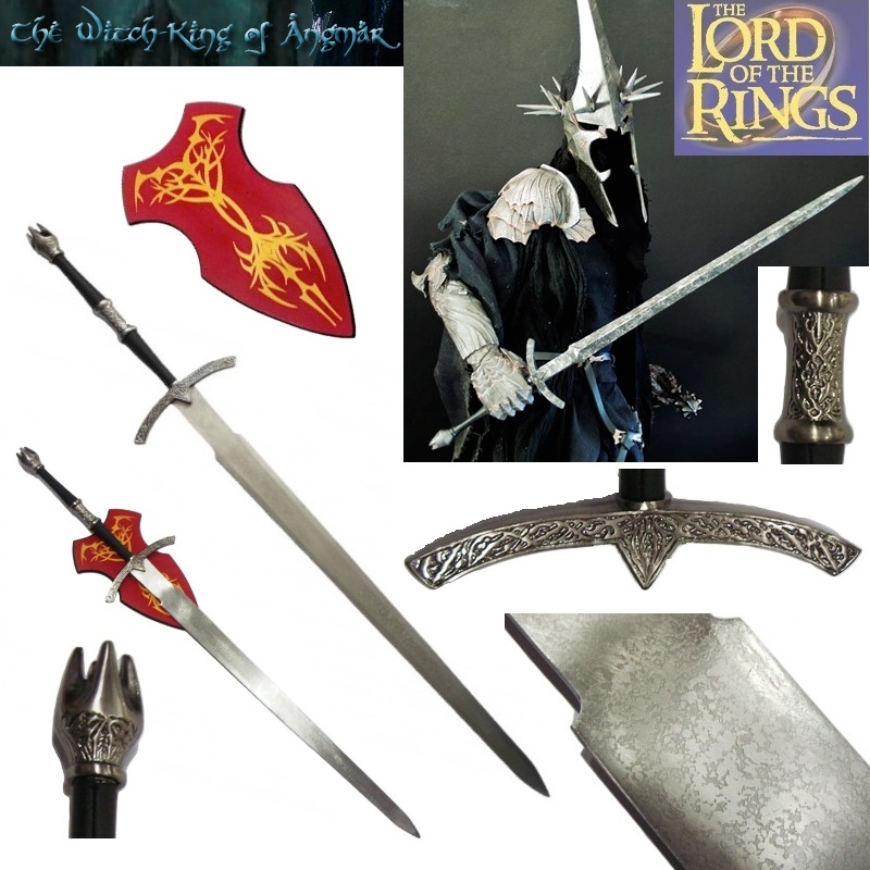 Spada del re stregone di angmar per cosplay - spada fantasy da collezione con espositore del capo dei nazgul o spettri dell'anello della serie di film il signore degli anelli .