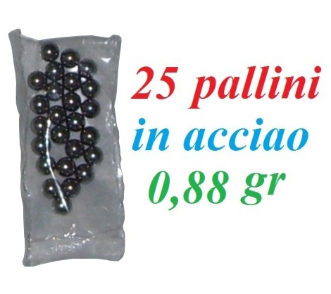 25 pallini in acciaio softair da 0,88  grammi - bustina da  25 pallini in acciaio per armi softair 6 mm da 0,88 gr.