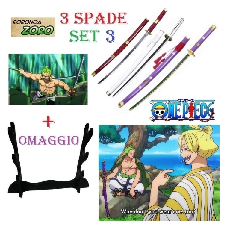 Set 3 katane di zoro modello 3 per cosplay con espositore da tavolo - set di tre spade giapponesi fantasy da collezione di roronoa zoro della serie anime e manga one piece.