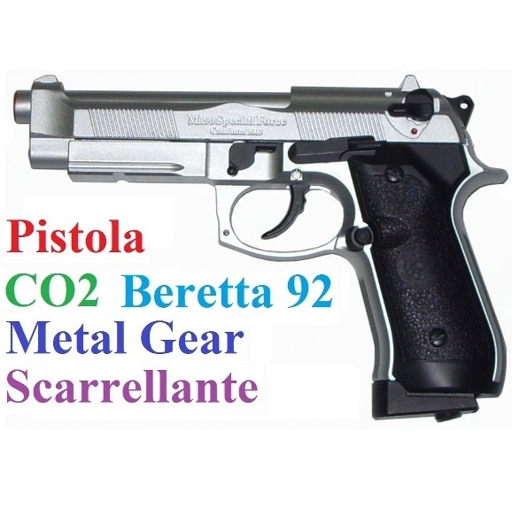 Pistola softair a co2 metal gear scarrellante modello beretta 92 cromata smontabile con valigetta - pistola beretta 92 cromata  da softair a co2 scarrellante smontabile in metallo e abs .