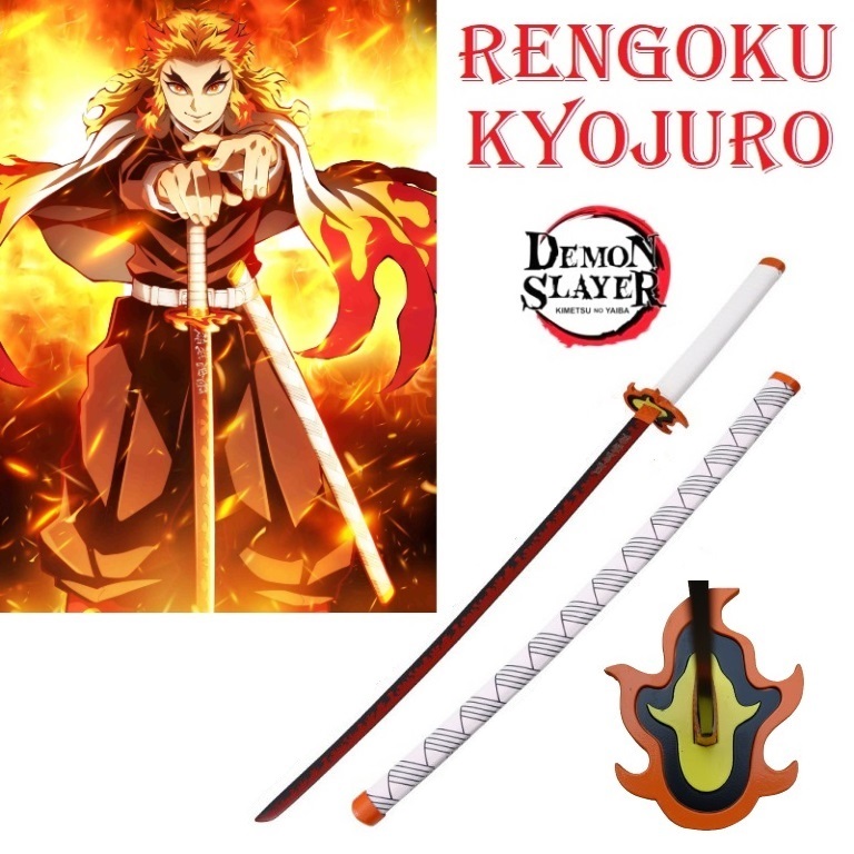 Katana nichirin ammazzademoni di rengoku kyojuro per cosplay - spada giapponese fantasy da collezione del pilastro della fiamma della serie anime e manga demon slayer.