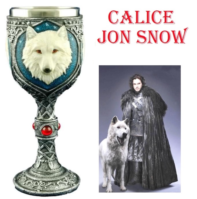 Calice jon snow - coppa fantasy da collezione e per cosplay con teste del meta-lupo bianco spettro della serie televisiva il trono di spade in metallo e resina.