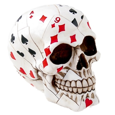 Teschio poker - soprammobile da collezione a forma di cranio umano decorato con carte francesi.