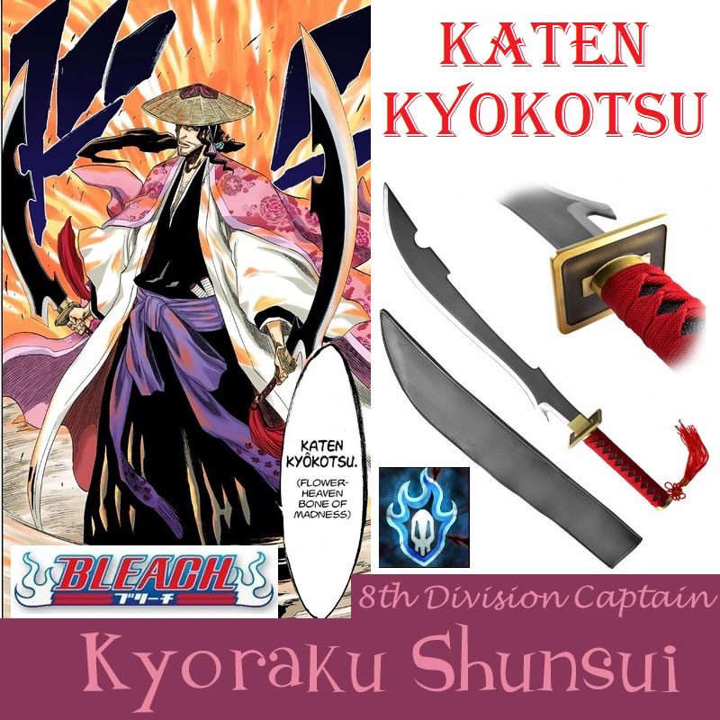 Scimitarra katen kyokotsu per cosplay  - zanpakuto di shunsui kyoraku da collezione della serie anime e manga bleach - spada fantasy fiore del paradiso ed osso pazzo con lama nera e bianca e fodero da schiena .