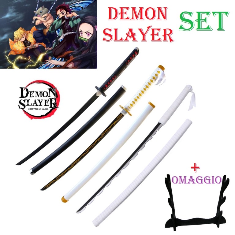 Demon slayer set per cosplay con 1 espositore da tavolo - set di 3 nichirin katane giapponesi fantasy da collezione della squadra ammazzademoni  della serie anime e manga demon slayer.