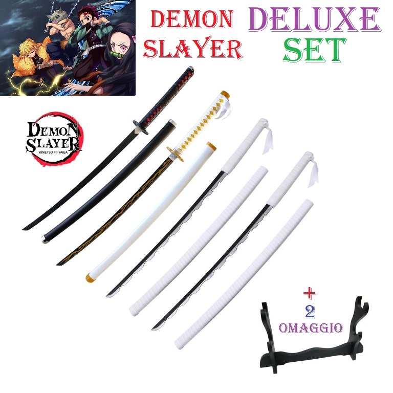 Demon slayer deluxe set per cosplay con 2 espositori da tavolo - set di 4 nichirin katane giapponesi fantasy da collezione della squadra ammazzademoni  della serie anime e manga demon slayer.