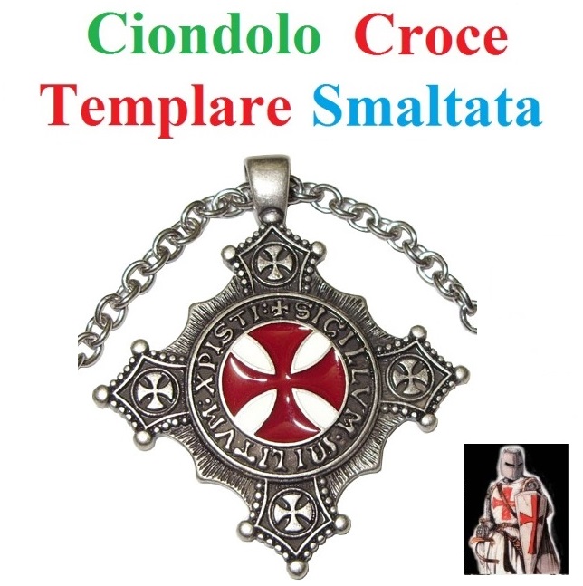 Ciondolo croce templare smaltata - riproduzione storica dello stemma dell'ordine cavalleresco templare in argento - prodotto in italia.