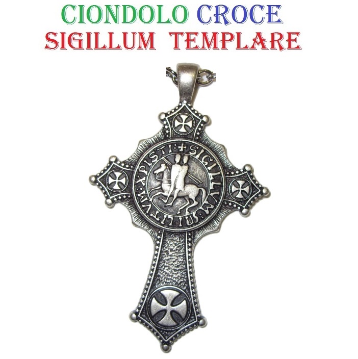 Ciondolo croce sigillum templare - riproduzione storica del sigillo dell'ordine cavalleresco templare in argento - prodotto in italia.