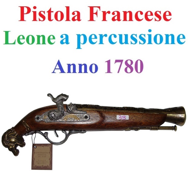 Pistola francese a percussione con testa di leone del 1780 - replica storica inerte di pistola trombone francese con testa di leone del xviii secolo da collezione - prodotta in italia.