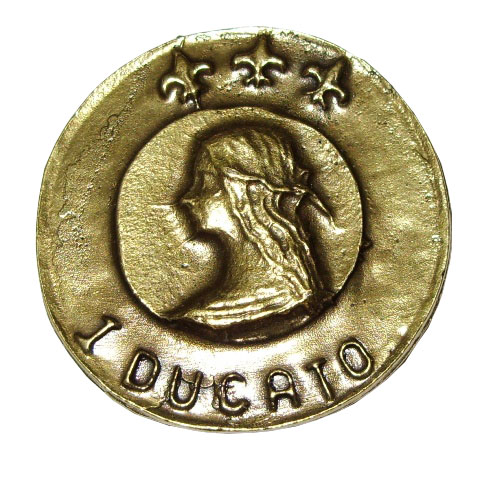 Ducato dorato di castiglione della valle - replica di moneta storica medievale ducato in oro di lucrezia borgia - prodotto italiano.