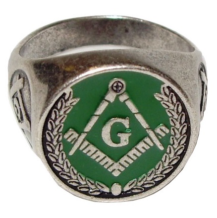 Anello massonico argento con stemma smaltato verde - riproduzione storica di anello dell'ordine dei massoni placcato in argento con stemma smaltato - prodotto in italia.