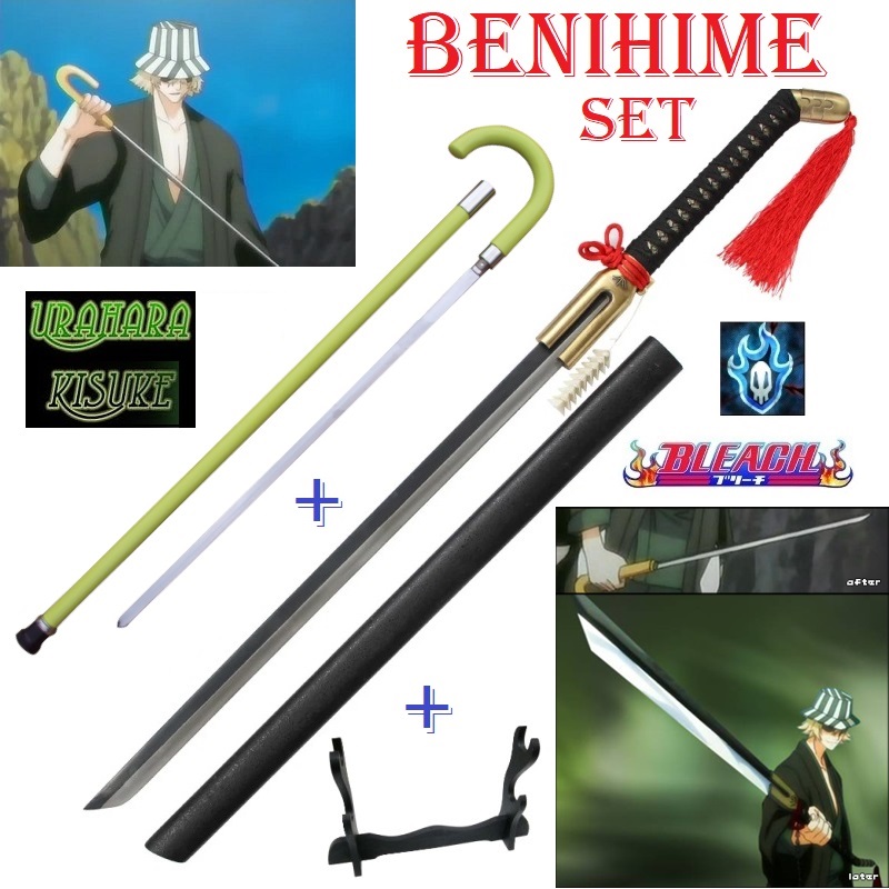 Benihime set per cosplay - coppia di zanpakuto da collezione di kisuke urahara della serie anime e manga bleach  - stocco e spada fantasy principessa scarlatta con espositore in omaggio .