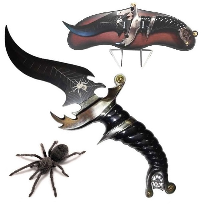 Pugnale tarantola - coltello fantasy da collezione stile spider con lama nera ed espositore da tavolo e parete.