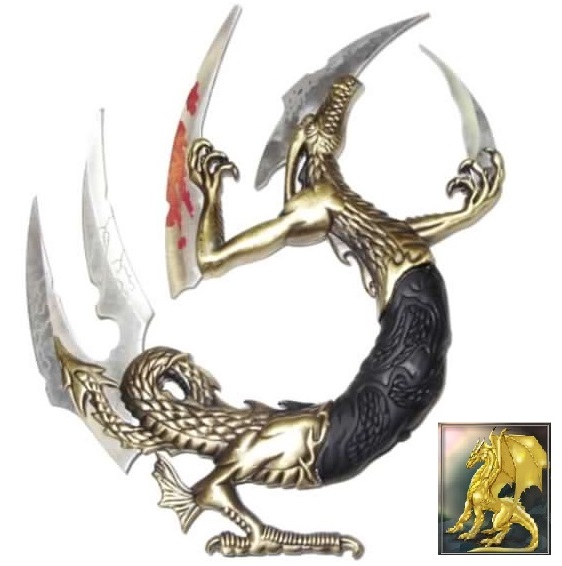 Pugnale del drago dorato - coltello fantasy da collezione con drago gold a 5 lame ed espositore da tavolo.