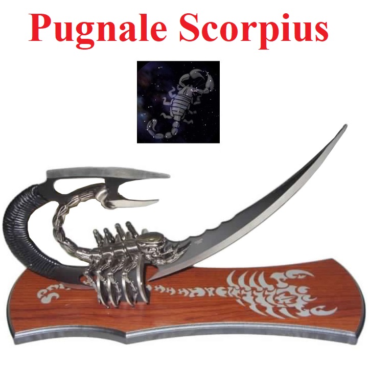 Pugnale scorpius - coltello fantasy da collezione dello scorpione con lama bianca e nera ed espositore da tavolo.