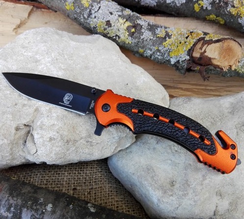 Coltello serramanico multiuso holland - coltello militare arancione multilama con lama nera.