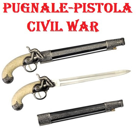 Pugnale commemorativo civil war con pistola e fodero - coltello storico da collezione della guerra di secessione americana con pistola a percussione inerte .