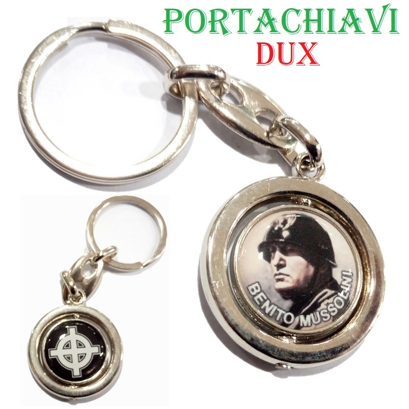 Portachiavi dux in metallo smaltato con immagine del duce benito mussolini e croce celtica neofascista.